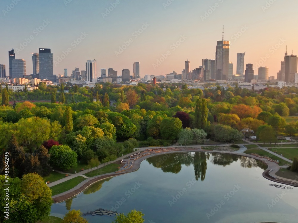 A beautiful panoramic view of the sunrise in a fabulous spring morning at Pola Mokotowskie in Warsaw, Poland - 