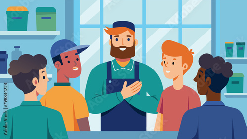 Amidst the busy chaos of the shop a mechanic gives a pep talk to his colleagues about the importance of never giving up.. Vector illustration