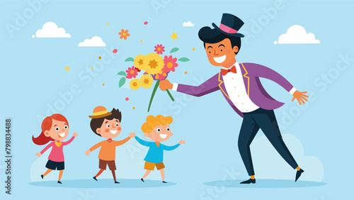 Amidst a cloud of glitter a junior magician gracefully pulls a bouquet of flowers out of thin air dazzling kids and adults alike with their