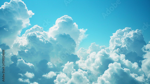 Expansive Blue Sky with Fluffy White Cumulus Clouds Illuminated by Sunlight