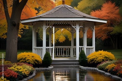 Beautiful circular gazebo created by the landscape architect in the park. wooden architecture in the Western style.
