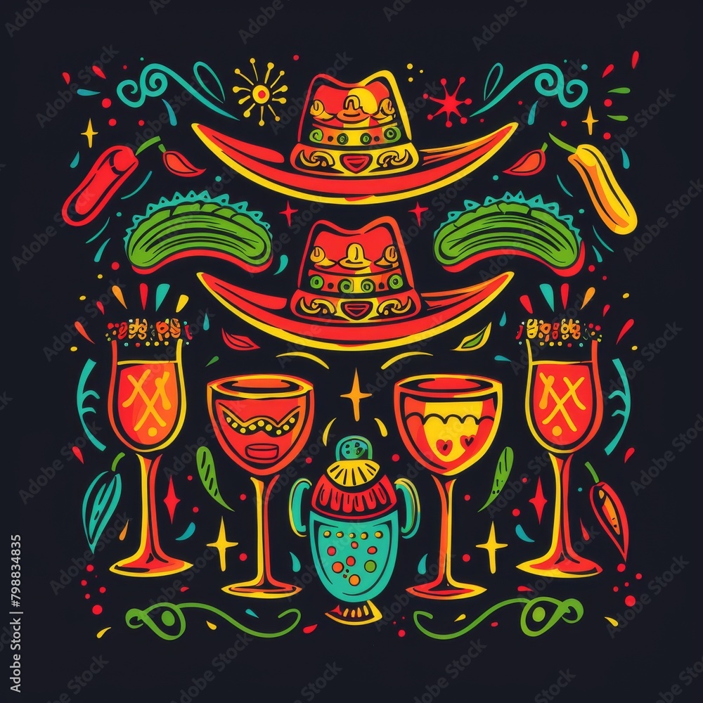 Colorful Mexican Design With Sombrero and Maracas