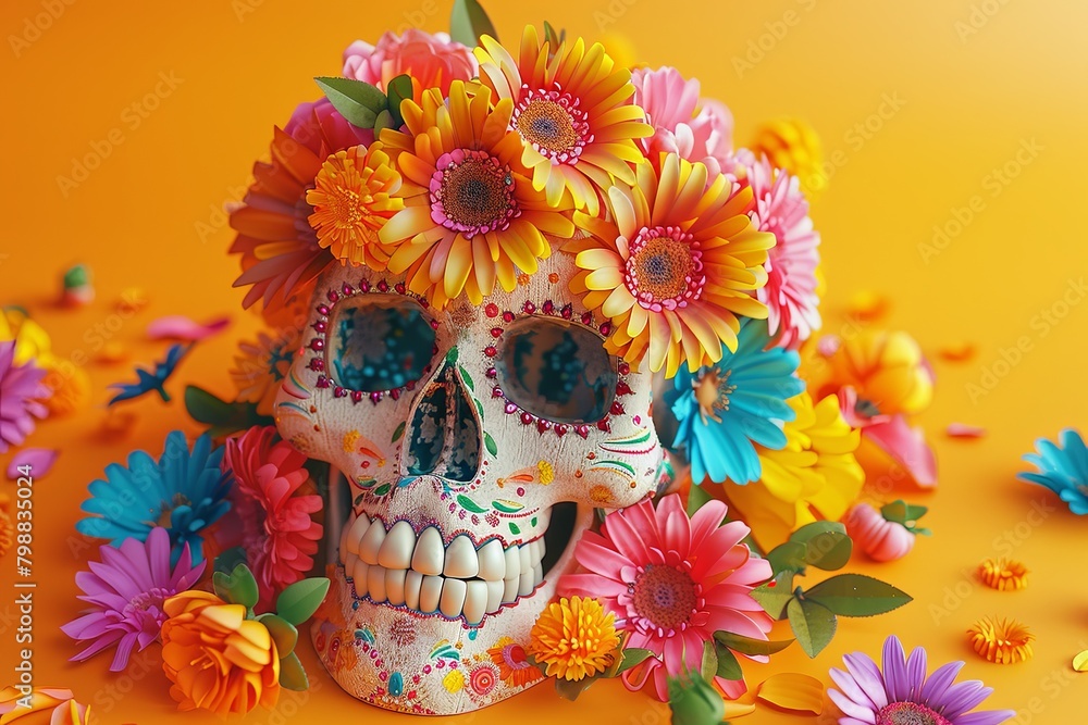 Colorful Sugar Skull with Floral Adornments on Orange Background