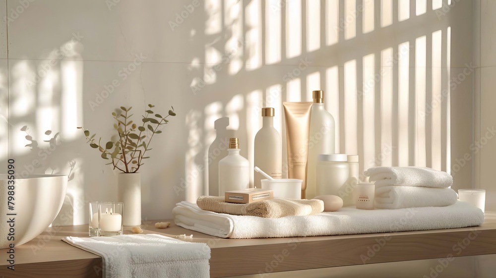 Beautiful spa composition on massage table in wellness center, Generative AI, Beautiful spa composition on massage table in wellness center, Generative AI,