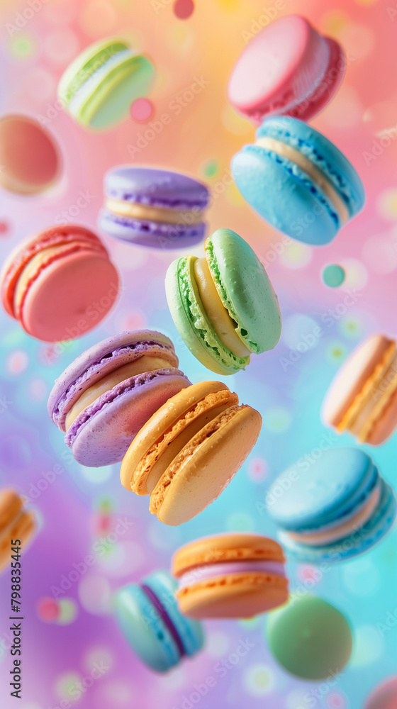 Obraz premium Colorful macarons floating in mid-air, vividly captured in a food photography style against a pastel rainbow backdrop, showcasing the vibrant variety and delicate texture of these French confections. 