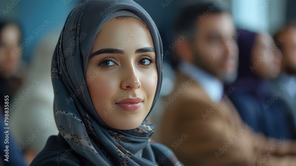 Big close up view of the face of a Muslim woman wearing an Islamic headscarf or hijab. Housewives are also office workers, professional businesswomen. Big close up view of the face of a Muslim woman wearing an Islamic headscarf or hijab. Housewives are also office workers, professional businesswomen.