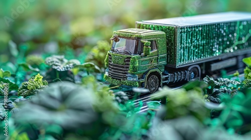 A green truck drives through a field of green plants.