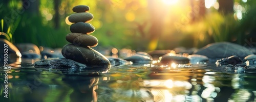 A stack of balanced stones in a shallow part of a river with the sun reflecting off the water in the background. photo