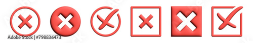 3d Negative check mark symbol set. Checkmark Illustration. Raster symbols set, red checkmark isolated on white background. Incorrect vote choise isolated symbol.