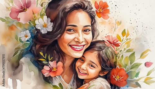 Mother's day background. Woman and child with flowers. photo