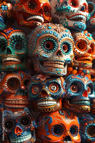 Intricate 3D Sugar Skull Designs Hyperrealistic Artwork Bursting with Vibrant Colors © dekreatif
