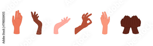Set of hands of different skin tone with gestures isolated on white background. Gesturing. Set of Hand multicolored different signs and symbols. Vector hands showing ok sign, hold, give.