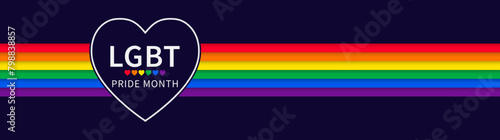 Pride month banner with Heart and LGBTQ pride flag. Lesbian Gay Bisexual Transgender. Symbol of pride month. Design for poster, flyer, web, banner, template. June Pride Parade. Vector Illustration.