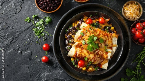 An enticing Mexican dish of chicken enchiladas served with black beans captured from an overhead angle against a sleek dark slate backdrop
