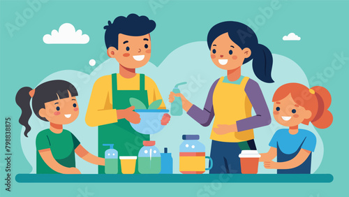 Kids and parents participating in a DIY workshop where they learn how to make their own natural cleaning and beauty products reducing their use