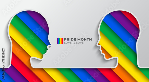 Pride Month banner concept with a two head outline has LGBT pride flag. Lesbian Gay Bisexual Transgender. Symbol of pride month. Design for poster, flyer, web, banner, template. Vector Illustration