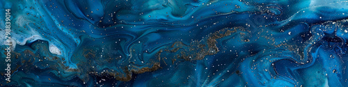 Indigo depths marble ink meandering through an expansive abstract canvas, speckled with ethereal glitters.