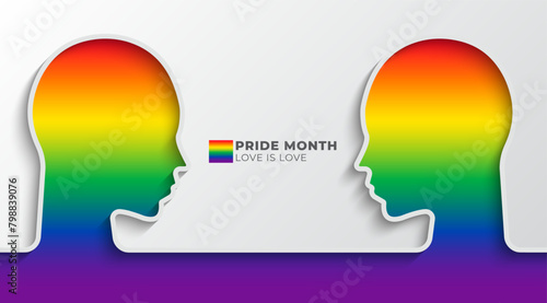 Pride Month banner concept with a two-head outline has LGBT pride color. Lesbian Gay Bisexual Transgender. Symbol of pride month. Design for poster, flyer, web, banner, template. Vector Illustration