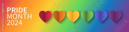 Pride month banner concept with Heart papercut on gradient background. Lesbian Gay Bisexual Transgender. Symbol of pride month. Design for poster, flyer, web, banner, template. Vector Illustration.