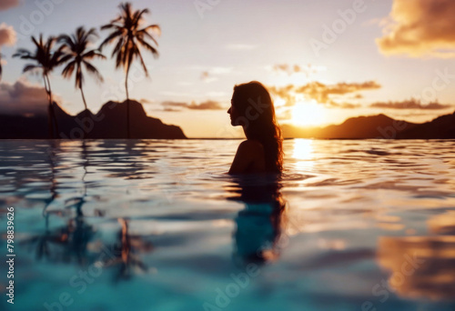 sunset idyllic destination dream Paradise Tahiti Perfect Bora infinity amazing looking vacation Bora silhouette woman pool ocean swimming sky reflections French travel © wafi