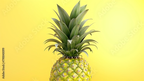 3D rendering of a pineapple isolated on a yellow background. The pineapple has a green crown of leaves and a yellow body with a bumpy texture.