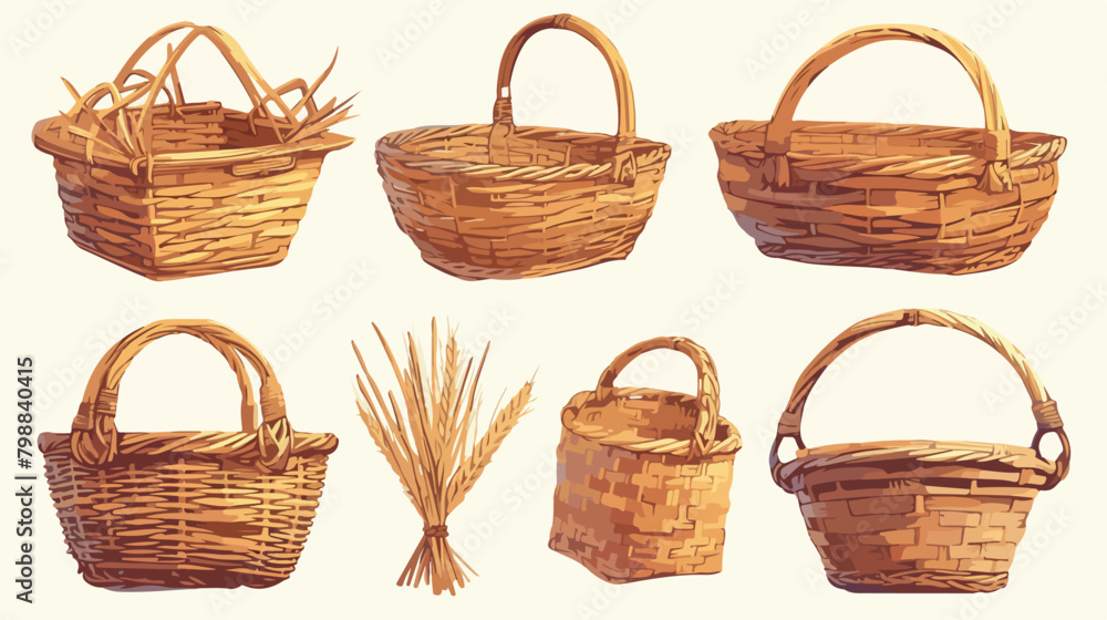 Empty straw wicker basket with handles. Woven braid