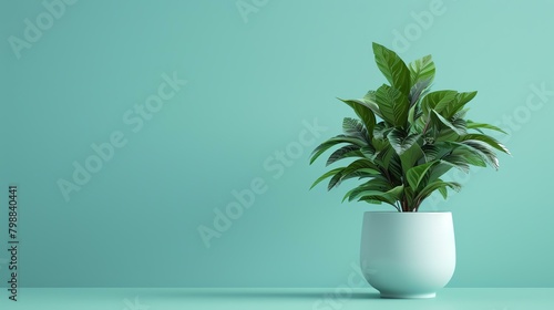 A beautiful indoor plant in a pot. The plant has lush green leaves and is placed on a solid green background.