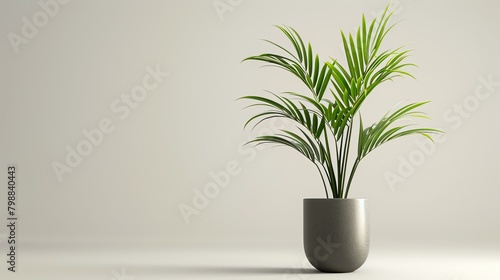 A beautiful lush green palm tree in a gray pot on a beige background.