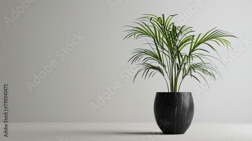 A beautiful minimalist image of a potted plant on a solid background. The plant is a lush green palm with long  slender leaves.