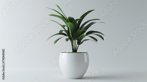 A beautiful lush green floor plant in a white pot. The plant has long slender leaves and is sitting on a white background.