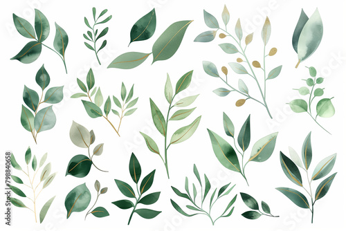 Watercolor painting of green leaves on white background. Generative AI