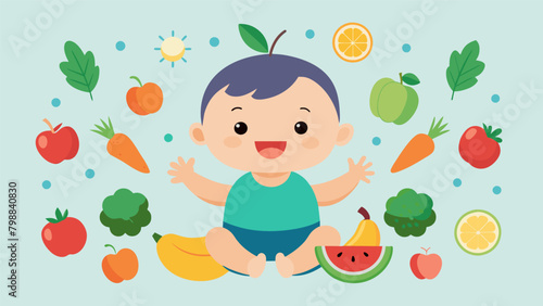 A happy and healthy baby surrounded by a variety of fresh fruits and vegetables emphasizing how plantbased diets can promote healthy growth and