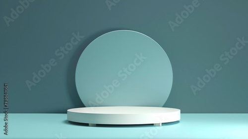 3D rendering of a simple and elegant product display stage. The off-white podium stands on a matching floor against a sage green background wall. photo