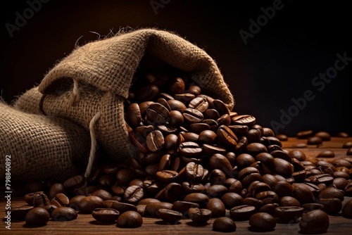 A burlap sack spilling coffee beans onto a wooden table. photo