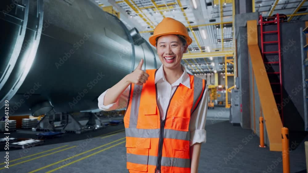 Asian Female Engineer With Safety Helmet Smiling And Showing Thumbs Up Gesture To The Camera While Standing In Pipe Manufacturing Factory Asian Female Engineer With Safety Helmet Smiling And Showing Thumbs Up Gesture To The Camera While Standing In Pipe Manufacturing Factory