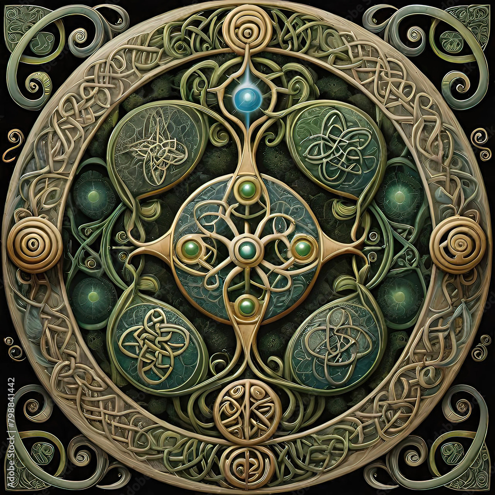 Celtic art, strange animal patterns, mystical totem with alchemical symbols, magical symbols,
