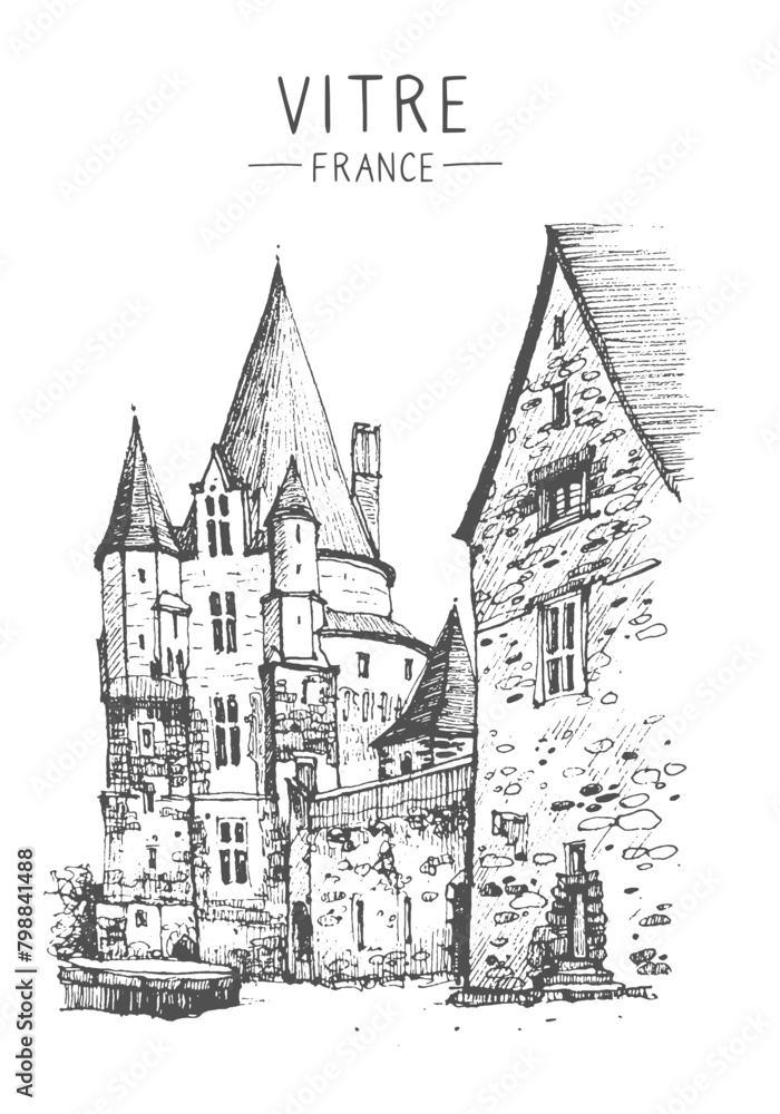 Sketch of a medieval castle, The Chateau de Vitre, in the Ille-et-Vilaine département of France. Hand drawn postcard. Urban sketch in black color isolated on white background. Line art drawing. Vector