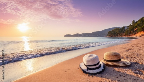beautiful mediterranean tropical beach sunrise background; summer vacation, holidays, travel concept
