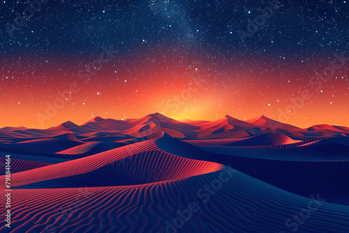 A grainy gradient illustration of a tranquil desert landscape with rolling dunes under a starry night sky.