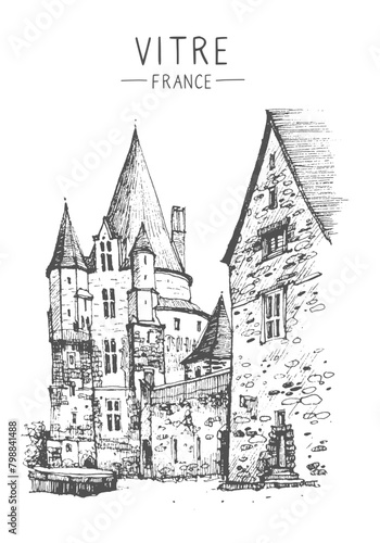 Sketch of a medieval castle, The Chateau de Vitre, in the Ille-et-Vilaine département of France. Hand drawn postcard. Urban sketch in black color isolated on white background. Line art drawing. Vector © Catherine