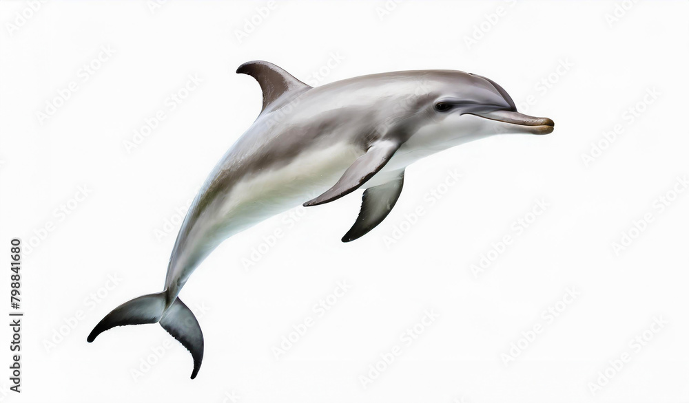 Fototapeta premium One cute jumping dolphin isolated on white background with empty label for text. Generative AI.