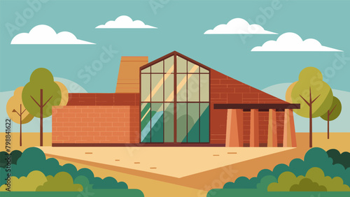A museum showcasing sustainable architecture with walls made from compressed earth bricks and large windows for natural lighting.