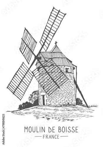 Vector travel sketch of Moulin de Boisse, France. Hand drawing of a moulin. Liner sketch in black color isolated on white background. Sketchy line art drawing with a pen on paper. 