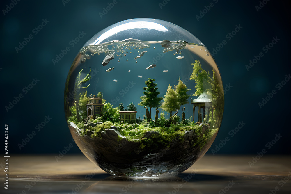 World Environment Day - Sustainable greenery and clean nature inside a glass sphere. - obrazy, fototapety, plakaty 