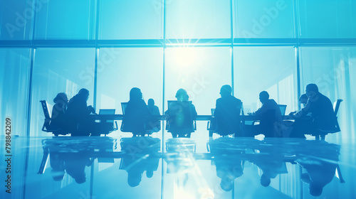 Professional meeting business team members in a elegant office meeting, luxary blue colors, plain white backgrounds