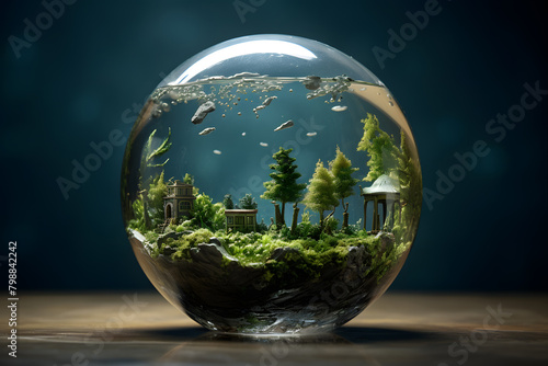 World Environment Day - Sustainable greenery and clean nature inside a glass sphere. © trompinex