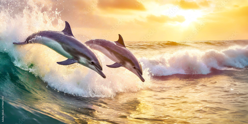 Obraz premium a group of cute dolphins jumping out of the water and playing on the sea waves. Generative AI