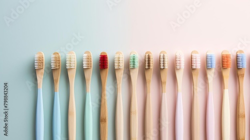 A variety of colorful toothbrushes are arranged in a row against a pastel background. photo