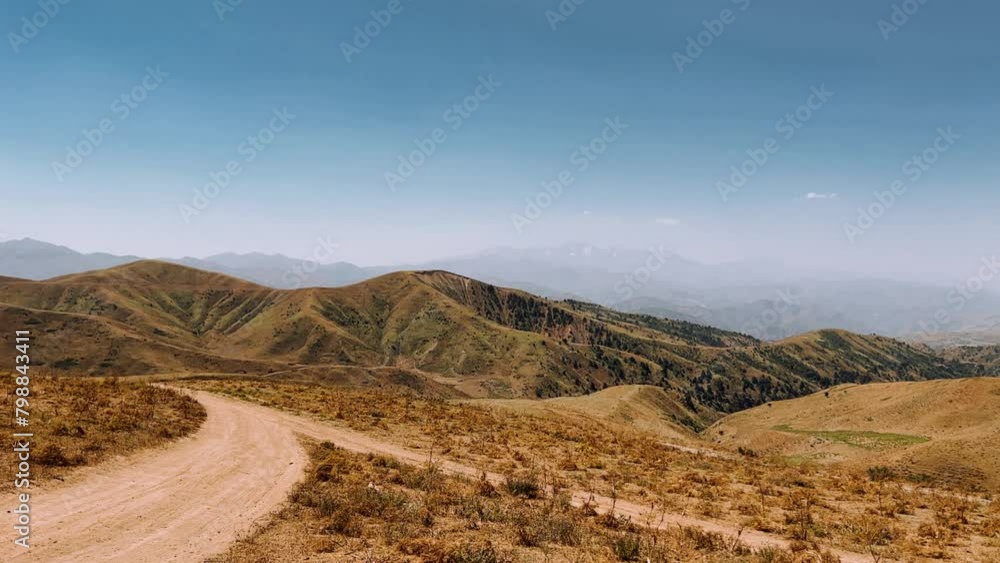 The mountain system of the Western Tien Shan in Uzbekistan. Panorama of the Western Tien Shan on the Angren plateau, Tashkent region. Promising orange mountains in the Western Tien Shan. 4K The mountain system of the Western Tien Shan in Uzbekistan. Panorama of the Western Tien Shan on the Angren plateau, Tashkent region. Promising orange mountains in the Western Tien Shan. 4K