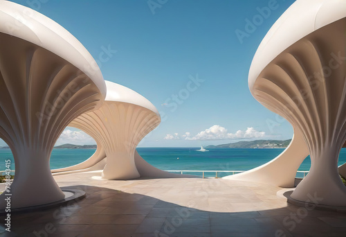 Shell and clamshell canopy with brackets and beautiful shape  modern building materials  non-traditional shape  modern architectural style  wavy and balanced shape 